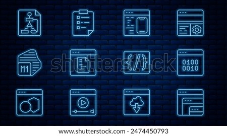 Set line Software, Binary code, Processor, Flowchart, Programming language syntax and Clipboard with checklist icon. Vector