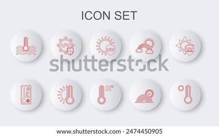 Set line Meteorology thermometer, UV protection, Rainbow with sun, Water, Thermometer and  icon. Vector