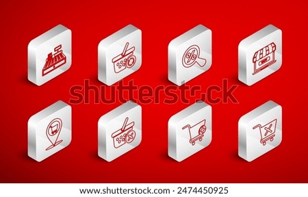 Set line Remove shopping cart, Refresh basket, Magnifying glass with percent, Online, Add to Shopping, Cash register machine,  and Location icon. Vector