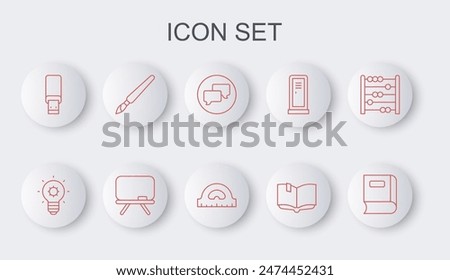 Set line Book, Light bulb, Speech bubble chat, Open book, USB flash drive, Paint brush, Chalkboard and Protractor grid icon. Vector
