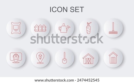 Set line Wooden outdoor toilet, Location farm house, Watering can, Farm, Fertilizer bag, Garden fence wooden, corn and Shovel icon. Vector