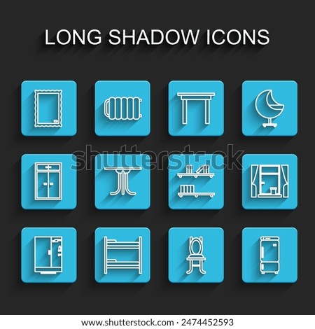 Set line Shower cabin, Bunk bed, Picture, Chair, Refrigerator, Round table, Window with curtains and Shelf books icon. Vector