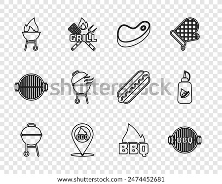 Set line Barbecue grill, Steak meat, Location with barbecue, fire flame and Ketchup bottle icon. Vector