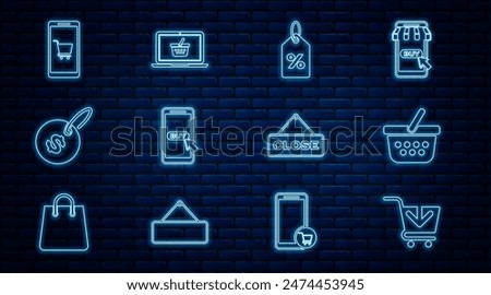Set line Add to Shopping cart, basket, Discount percent tag, Mobile and shopping, Price with dollar, Hanging sign Close and on laptop icon. Vector