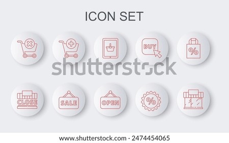 Set line Shopping building or market store, and text closed, basket on tablet, Discount percent tag, Remove shopping cart, Add, Hanging sign with Sale and Open icon. Vector