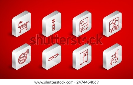 Set line Wheelchair for disabled person, Electric toothbrush, Monitor with cardiogram, X-ray machine, Medicine cabinet, Operating table, Safety goggle glasses and Surgery lamp icon. Vector