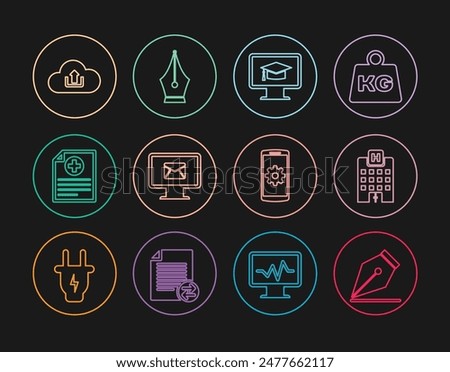 Set line Fountain pen nib, Medical hospital building, Monitor with graduation cap, and envelope, Clinical record, Cloud upload, Setting smartphone and  icon. Vector