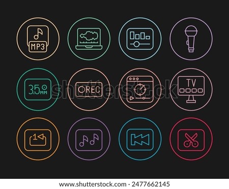 Set line Music or video editing, Smart Tv, equalizer, Record button, Audio jack, MP3 file, Online play and Sound audio recorder icon. Vector