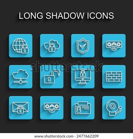 Set line Mail message lock password, Password protection, Global lockdown, Identification badge, Ringing alarm bell, Open padlock, Firewall, security wall and Lock computer monitor icon. Vector