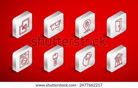 Set line House, Bathtub, Location lock, Closed door, Man dreaming about buying house, plan, key and Washer icon. Vector