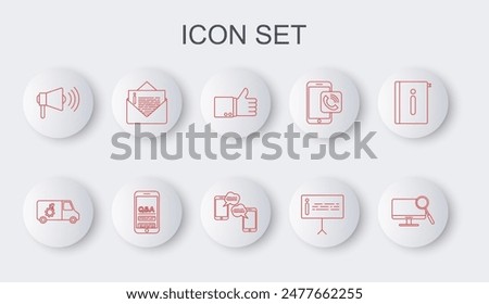 Set line Computer monitor diagnostics, Car service, Hand thumb up, Information, Megaphone, Envelope, Mobile Question Exclamation and Chat messages mobile icon. Vector