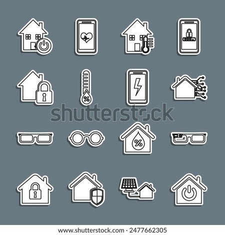 Set line Smart home, glasses, House temperature, Humidity, under protection,  and Mobile charging battery icon. Vector