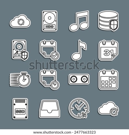 Set line Cloud sync refresh, Calendar, Music note, tone, with check mark, Hard disk drive HDD protection,  and  icon. Vector