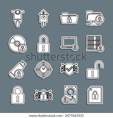 Set line Document and lock, Open padlock, Server security with, Folder, CD or DVD disk, Scooter and Laptop icon. Vector