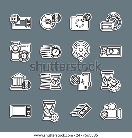 Set line Video camera setting, Hourglass, Fast payments, Photo, Stopwatch, Microwave oven and Setting icon. Vector