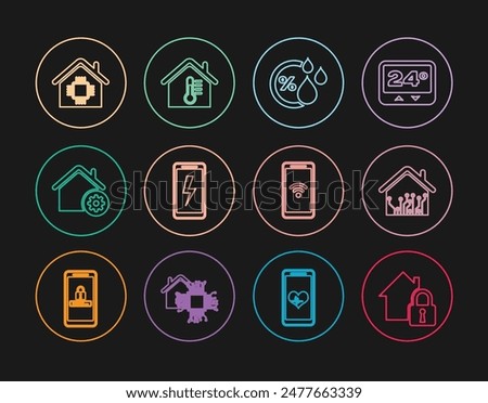 Set line House under protection, Smart home, Humidity, Mobile charging battery, settings, with wi-fi wireless and temperature icon. Vector
