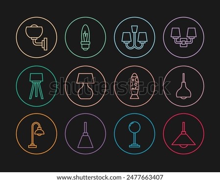 Set line Lamp hanging, Chandelier, Table lamp, Floor, Wall sconce,  and Light bulb icon. Vector