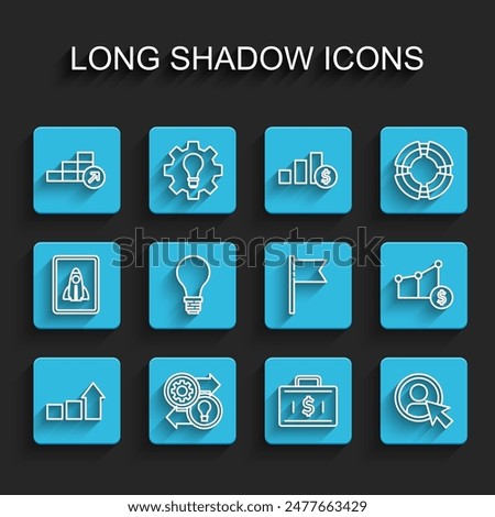 Set line Financial growth, Human resources, Briefcase and money, Create account screen, Light bulb with concept of idea, Pie chart dollar and Location marker icon. Vector