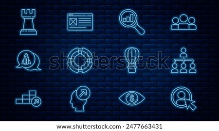 Set line Create account screen, Hierarchy organogram chart, Magnifying glass and analysis, Business lifebuoy, Startup project concept, Chess, Hot air balloon and Browser window icon. Vector