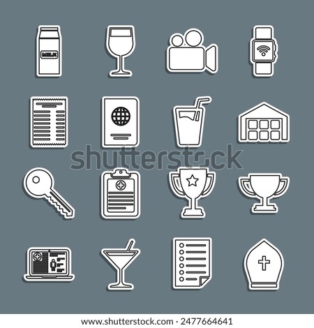 Set line Pope hat, Trophy cup, Warehouse, Movie or Video camera, Passport, Paper financial check, package for milk and Glass with water icon. Vector