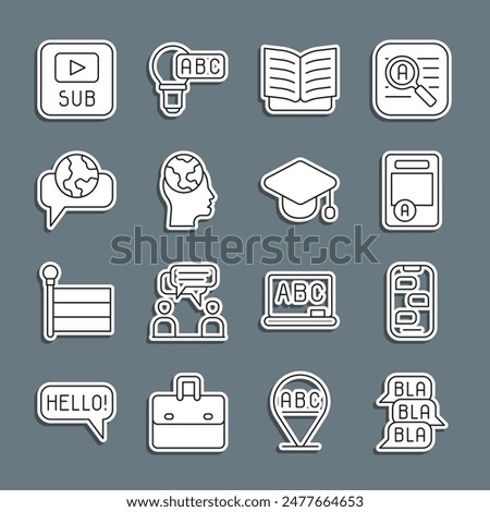 Set line Speech bubble chat, New messages notification, Exam sheet with A plus grade, Open book, Learning foreign languages, Video subtitles and Graduation cap icon. Vector