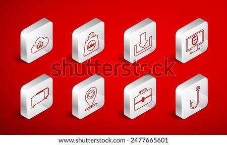 Set line Fishing hook, Weight pounds, Download, Monitor and shield, Toolbox, Cloud upload, Map pointer with heart and Chat icon. Vector