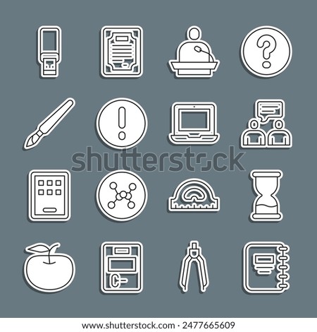 Set line Notebook, Old hourglass, Two sitting men talking, Gives lecture, Speech bubble and Exclamation, Paint brush, USB flash drive and Laptop icon. Vector