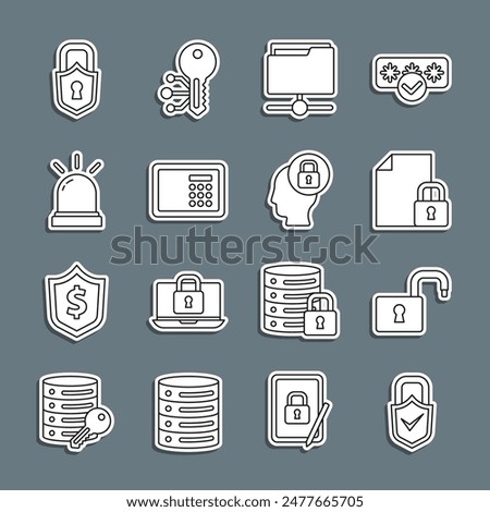 Set line Lock and check mark, Open padlock, Document, FTP folder, Safe, Motion sensor,  and Human head with icon. Vector
