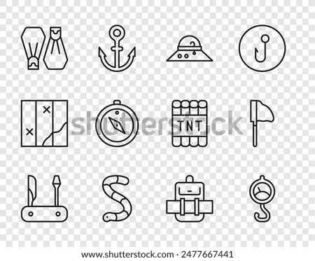 Set line Swiss army knife, Spring scale, Fisherman hat, Worm, Rubber flippers for swimming, Compass, Hiking backpack and Fishing net with fish icon. Vector