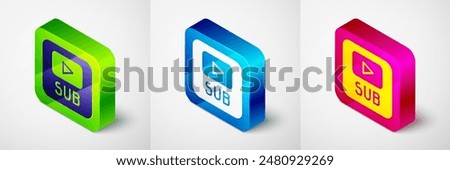 Isometric Video with subtitles icon isolated on grey background. Square button. Vector