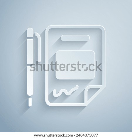 Paper cut Contract money and pen icon isolated on grey background. Banking document dollar file finance money page. Paper art style. Vector