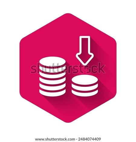 White Dollar rate decrease icon isolated with long shadow background. Cost reduction. Money symbol with down arrow. Business lost crisis decrease. Pink hexagon button. Vector