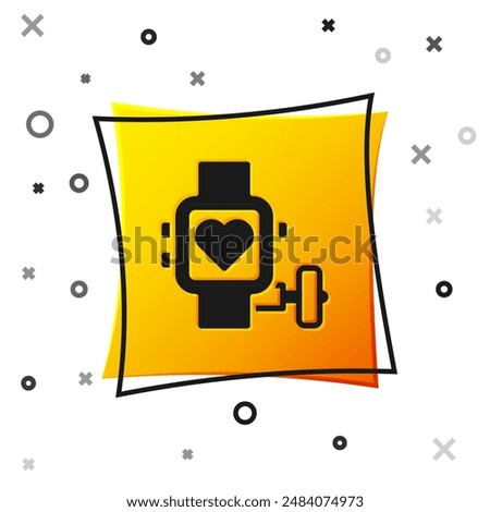 Black Smart watch showing heart beat rate icon isolated on white background. Fitness App concept. Yellow square button. Vector