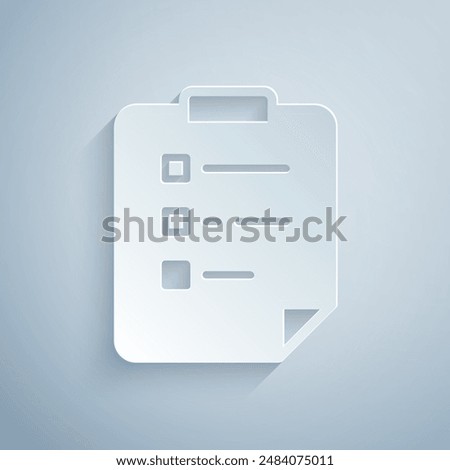 Paper cut Clipboard with checklist icon isolated on grey background. Control list symbol. Survey poll or questionnaire feedback form. Paper art style. Vector