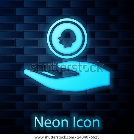 Glowing neon Hand holding coin money icon isolated on brick wall background. Dollar or USD symbol. Cash Banking currency sign.  Vector Illustration