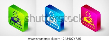 Isometric Football player press conference icon isolated on grey background. Square button. Vector