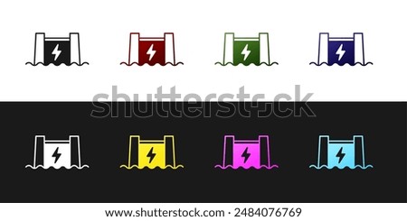 Set Hydroelectric dam icon isolated on black and white background. Water energy plant. Hydropower. Hydroelectricity.  Vector