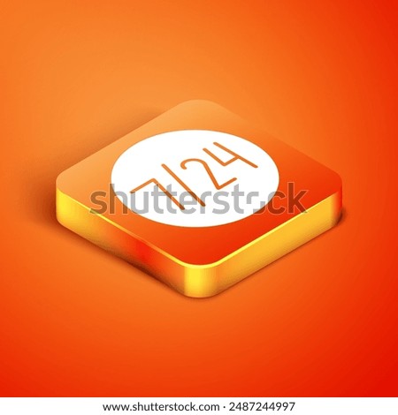 Isometric Clock 24 hours icon isolated on orange background. All day cyclic icon. 24 hours service symbol.  Vector Illustration