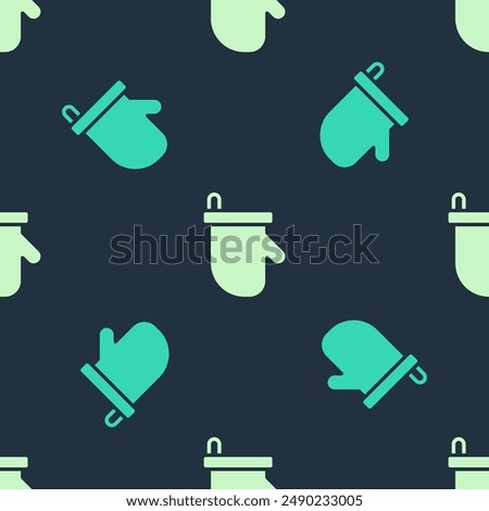 Green and beige Sauna mittens icon isolated seamless pattern on blue background. Mitten for spa.  Vector