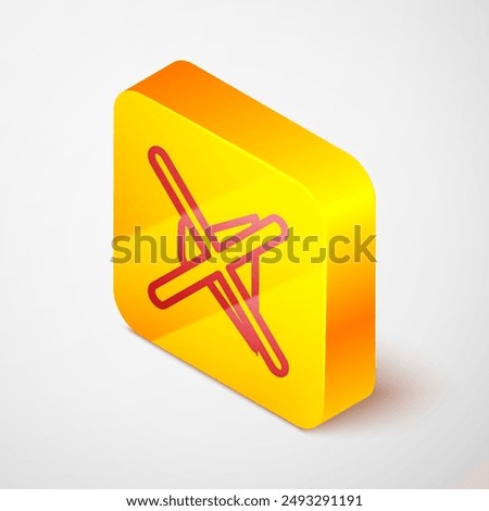 Isometric line Speaker mute icon isolated on grey background. No sound icon. Volume Off symbol. Yellow square button. Vector