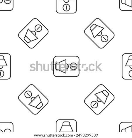 Grey line Speaker mute icon isolated seamless pattern on white background. No sound icon. Volume Off symbol.  Vector