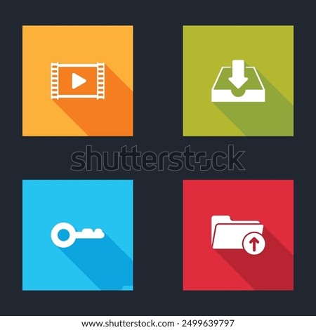 Set Play Video, Download inbox, Key and arrow with folder icon. Vector