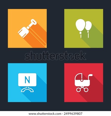 Set Shovel toy, Balloons, Smart Tv and Baby stroller icon. Vector