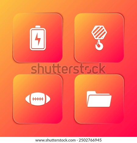 Set Battery, Industrial hook, American Football ball and Folder icon. Vector