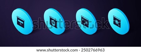 Set Isometric Website with stocks market, Browser window, shield and Search engine icon. Vector