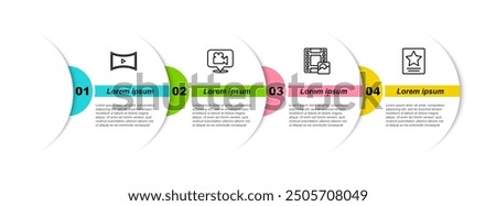 Set line Online play video, Camera and location, Play Video and Hollywood walk of fame star. Business infographic template. Vector