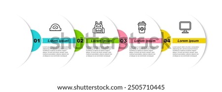 Set line Protractor grid, School backpack, Coffee cup go and Computer monitor. Business infographic template. Vector