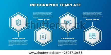 Set line Shield with dollar, House under protection, Mail message lock password and Server, Data, Web Hosting. Business infographic template. Vector