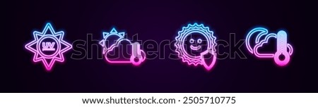 Set line UV protection, Thermometer and cloud, sun,  and moon. Glowing neon icon. Vector