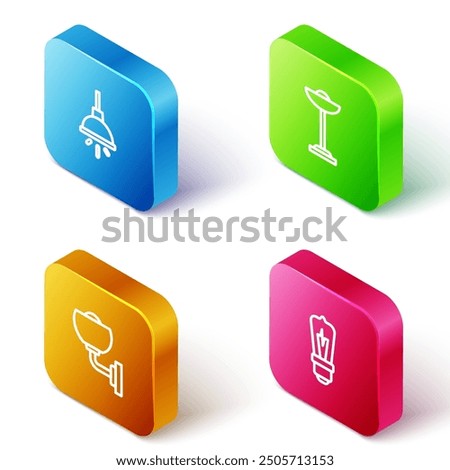 Set Isometric line Chandelier, Floor lamp, Wall sconce and Light bulb icon. Vector